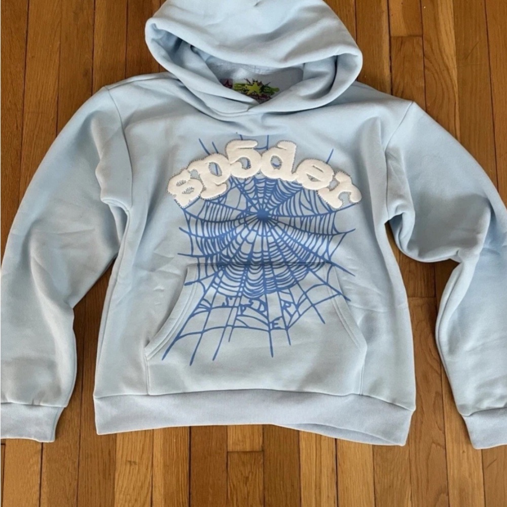 Blue and White Hooded Jacket with Embroidered Design